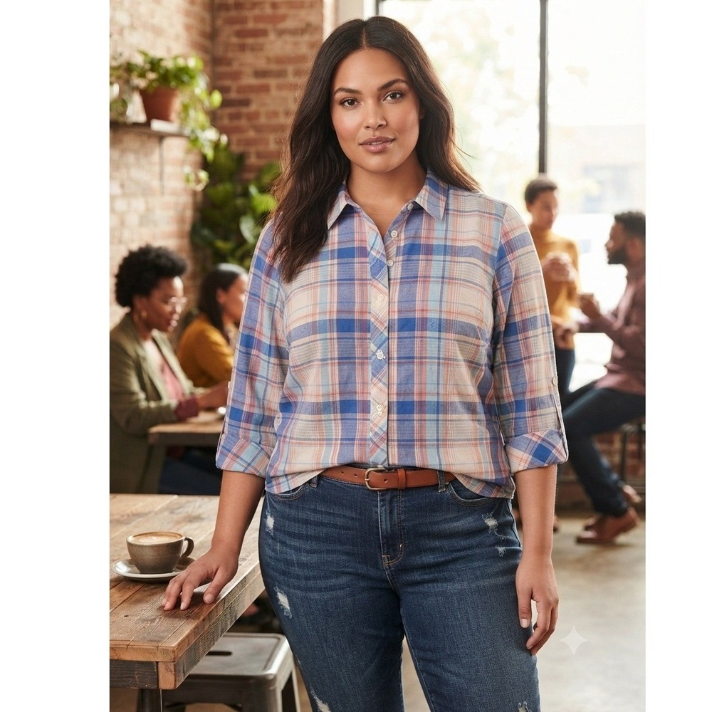 Talbots Woman Plaid Button Down Long Sleeve Shirt 18W Blue Orange Academia Work